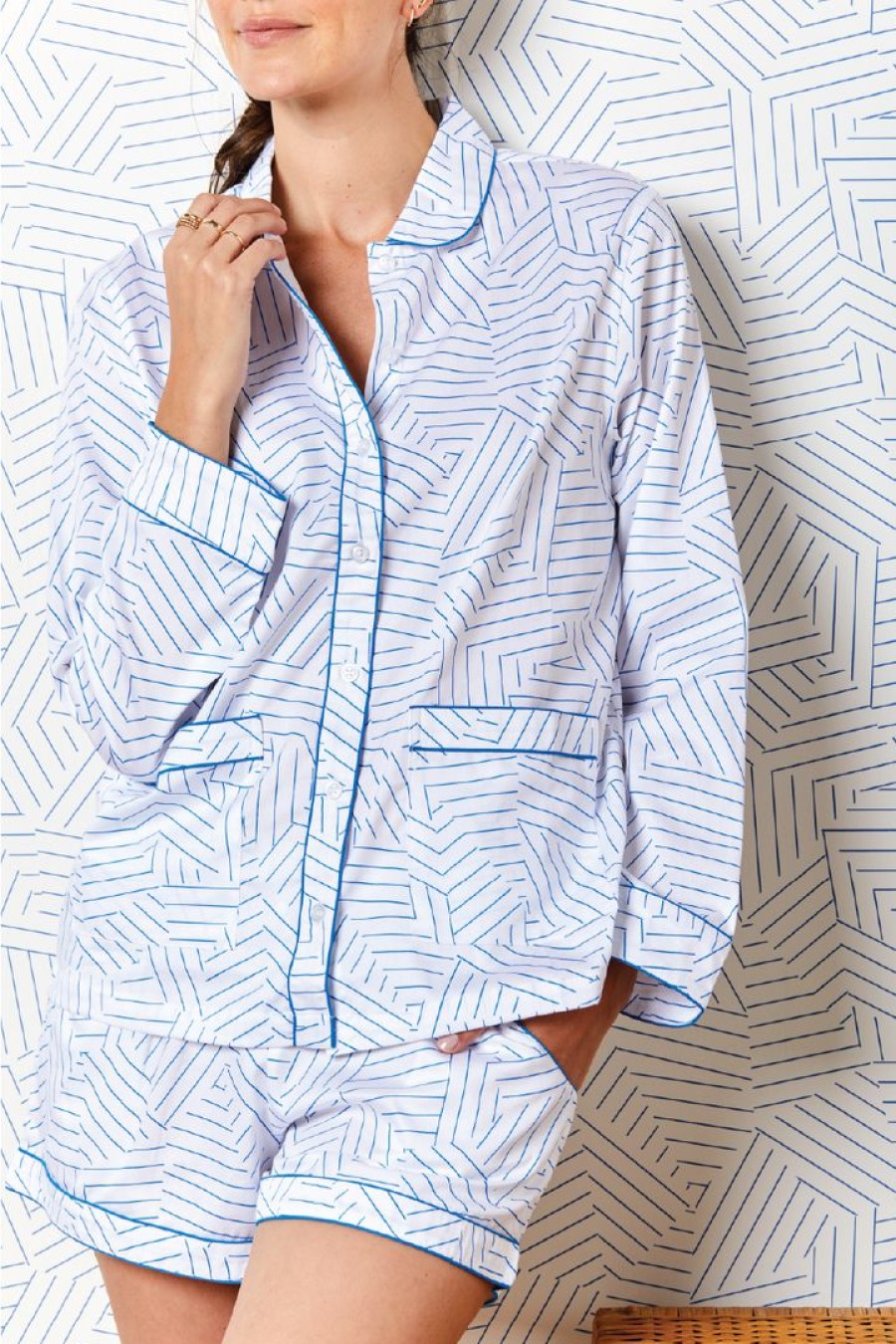 Women Lake | Schumacher X Lake Poplin Piped Shorts Set In Cobalt