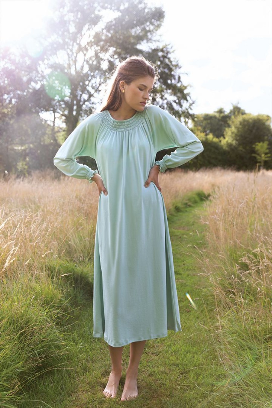 Women Lake | Lake Pima Smocked Long Sleeve Midi Nightgown In Willow Women