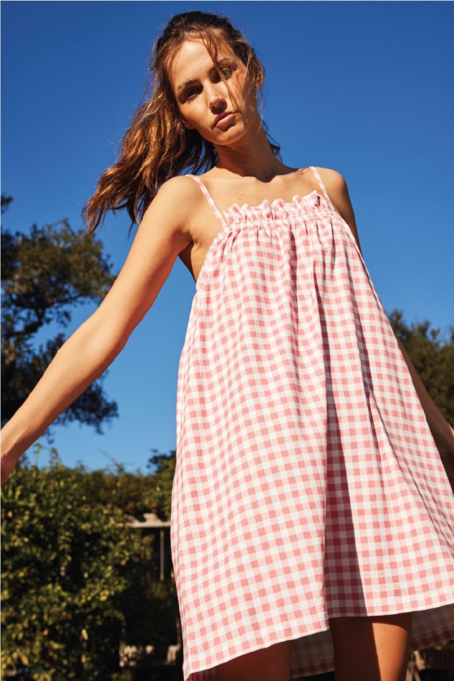 Women Lake | Lake Pima Ruffle Nightgown In Tulip Gingham