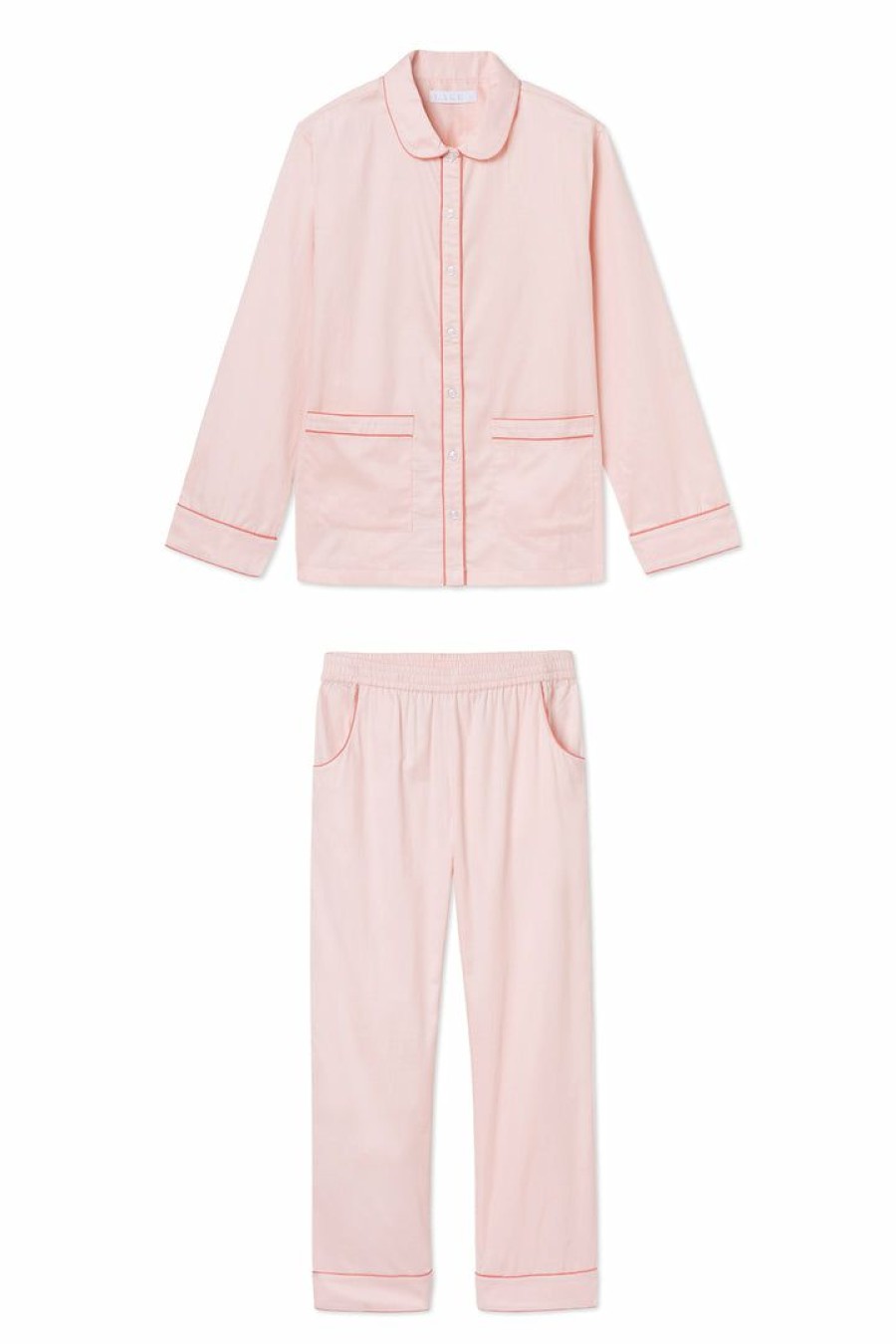 Women Lake | Lake Poplin Piped Pants Set In Peach