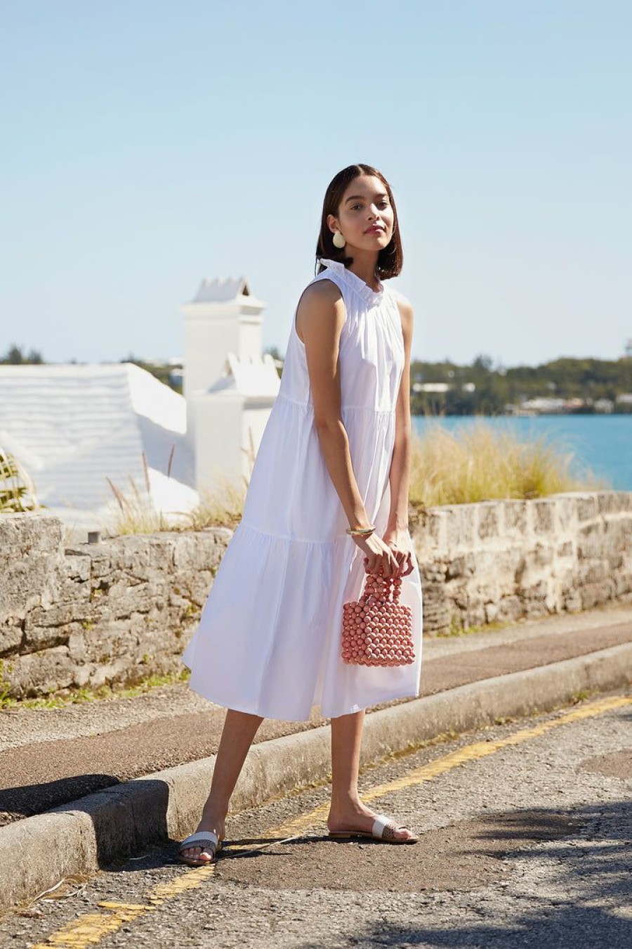 Women Lake | Lake Poplin Ruffle Neck Dress In White