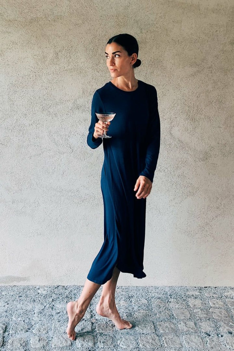 Women Lake | Lake Bamboo Long Sleeve Lounge Dress In Navy